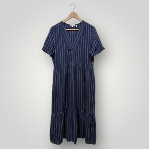 Barbour Marina Fogle Wickham Dress Navy Blue Pinstripe 100% Linen Midi Womens 4